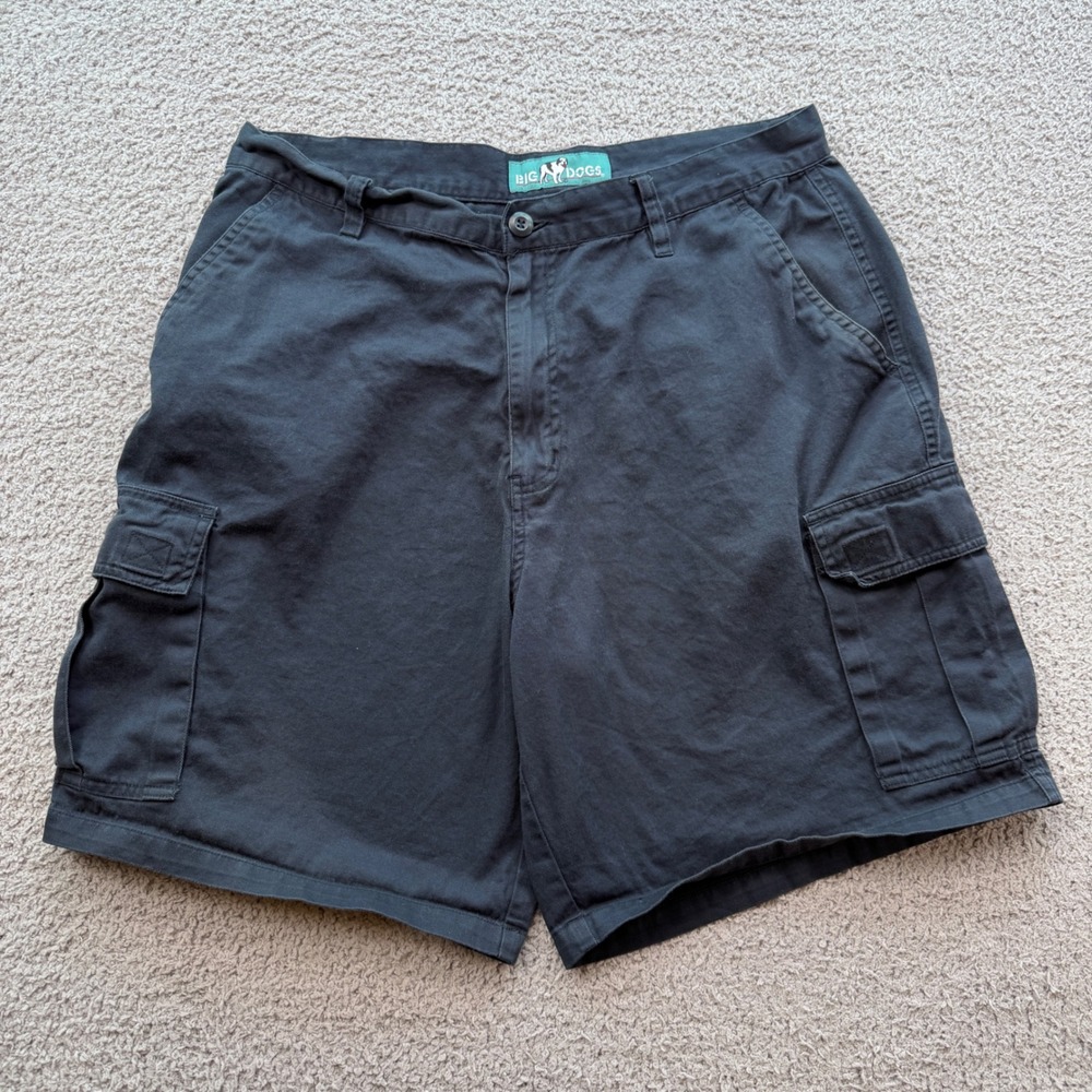 Vintage Big Dogs Men 36 Black Cotton Twill Utility Cargo Shorts 90s Y2K 2772